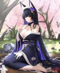  1girl animal_ears asymmetrical_gloves azur_lane bare_shoulders barefoot black_bow black_bowtie black_choker black_hair black_kimono bow bowtie breasts cherry_blossoms choker cleavage eyelashes facial_mark feet fingerless_gloves flower fox_ears frilled_hairband frills gloves hair_flower hair_ornament hairband hand_on_own_thigh highres japanese_clothes kimono kimono_pull large_breasts long_hair long_sleeves looking_at_viewer maid_headdress mismatched_gloves musashi_(azur_lane) musashi_(violet_moonglow)_(azur_lane) nail_polish off_shoulder official_alternate_costume outdoors print_kimono pulled_by_self purple_flower purple_nails qing_wu rock single_fingerless_glove single_glove sitting solo toenail_polish toenails toes tokkuri tree very_long_hair wa_maid whisker_markings white_gloves white_hairband wide_sleeves yellow_eyes 