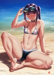  1girl arm_support beach bikini bikini_under_clothes black_choker black_shorts choker clothes_writing collarbone day eyewear_on_head finalcake highres jill_stingray long_hair looking_at_viewer micro_shorts navel ocean outdoors red_eyes shorts sidelocks smile solo sunglasses swimsuit tan twintails va-11_hall-a water white_bikini 