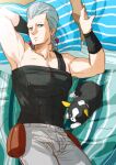  1boy :/ arm_behind_head blanket blue_eyes commentary_request covered_abs dated dog earrings flattop grey_hair iggy_(jojo) jean_pierre_polnareff jewelry jojo_no_kimyou_na_bouken lying male_focus muscular muscular_male on_back pillow pouch stardust_crusaders tianel_ent twitter_username 