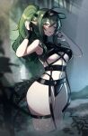  1girl antenna_hair arknights artist_name bangs bare_arms bare_shoulders black_gloves breasts commentary_request cowboy_shot crocodilian_tail fingerless_gloves gavial_(arknights) gloves green_hair green_tail grin highres long_hair looking_at_viewer medium_breasts navel official_alternate_costume parted_lips pointy_ears ponytail psidubs revision single_glove smile solo standing stomach swimsuit tail thigh_strap thighs twitter_username underboob visor_cap wading yellow_eyes 