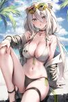  1girl :o ahoge animal_ears bikini black_choker blue_sky breasts choker cloud commentary day eyewear_on_head grey_bikini grey_eyes hair_between_eyes highres hololive kubota_masaki large_breasts lion_ears lion_girl long_hair looking_at_viewer low_twintails navel outdoors shishiro_botan sitting sky solo sunglasses swimsuit thigh_strap thighs twintails virtual_youtuber white_hair 