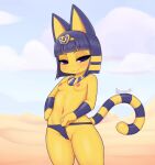  1girl :3 animal_crossing animal_ears ankha_(animal_crossing) artist_name blue_eyes blue_hair breasts cat_ears cat_tail closed_mouth colored_skin commentary english_commentary furry furry_female highres kionant looking_at_viewer nipples partially_visible_vulva short_hair small_breasts smile solo standing tail thighs topless uncensored yellow_skin 