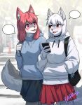  2023 anthro blue_bottomwear blue_clothing blue_hoodie blue_skirt blue_topwear bottomwear canid clothed clothing dated duo female front_view fur glistening glistening_eyes grey_body grey_fur hair hand_in_pocket hi_res hoodie inner_ear_fluff mammal open_mouth papayafurry pink_eyes pockets red_bottomwear red_clothing red_eyes red_hair red_skirt red_tongue signature skirt speech_bubble standing tongue topwear tuft white_body white_clothing white_fur white_hair white_hoodie white_inner_ear_fluff white_topwear 