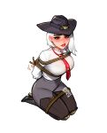  1girl arms_behind_back artist_name ashe_(overwatch) blush blushyspicy boots bound bound_arms breasts commentary cowboy_hat hat high_heels jewelry large_breasts lips lipstick looking_at_viewer makeup mole mole_above_mouth overwatch red_eyes red_lips restrained rope seiza short_hair sitting solo teeth transparent_background white_hair 