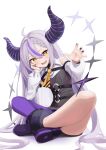  1girl ahoge ankle_cuffs ara1e ascot bangs bare_shoulders black_dress black_footwear black_nails boots braid braided_bangs demon_girl demon_horns dress fangs grey_hair highres hololive holox horns la+_darknesss long_hair multicolored_hair nail_polish open_mouth pantyhose pointy_ears purple_hair purple_pantyhose single_leg_pantyhose slit_pupils solo streaked_hair striped_horns tail very_long_hair virtual_youtuber yellow_ascot yellow_eyes 