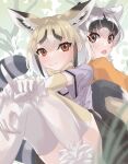  2girls animal_ears back-to-back bangs black_hair blonde_hair bow bowtie brown_eyes brown_hair closed_mouth crab-eating_raccoon_(kemono_friends) day elbow_gloves extra_ears fang fox_ears fox_girl fox_tail fur_trim gloves grey_hair highres index_finger_raised kemono_friends knees_up looking_at_viewer looking_back multicolored_hair multiple_girls open_mouth orange_eyes outdoors outstretched_arm raccoon_ears raccoon_girl raccoon_tail rueppell&#039;s_fox_(kemono_friends) sarutori shirt short_sleeves sitting skirt smile tail thighhighs white_hair 