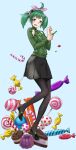  absurdres alternate_costume black_skirt cake candy candy_cane cookie fire_emblem fire_emblem_fates food full_body gelatin green_sweater highres igni_tion lollipop midori_(fire_emblem) pantyhose purple_eyes short_twintails skirt solo sweater twintails wrapped_candy 