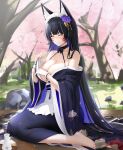  1girl animal_ears asymmetrical_gloves azur_lane bare_shoulders barefoot black_bow black_bowtie black_choker black_hair black_kimono bow bowtie cherry_blossoms choker closed_eyes eyelashes facial_mark facing_viewer feet fingerless_gloves flower fox_ears frilled_hairband frills gloves hair_flower hair_ornament hairband hand_on_own_thigh highres japanese_clothes kimono kimono_pull long_hair long_sleeves maid_headdress mismatched_gloves musashi_(azur_lane) musashi_(violet_moonglow)_(azur_lane) nail_polish off_shoulder official_alternate_costume outdoors print_kimono pulled_by_self purple_flower purple_nails qing_wu rock single_fingerless_glove single_glove sitting solo toenail_polish toenails toes tokkuri tree very_long_hair wa_maid whisker_markings white_gloves white_hairband wide_sleeves 