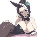  animal_ears black_bow black_bowtie black_hair black_leotard bow bowtie braid braided_bun breasts commentary_request detached_collar hair_bun horse_ears horse_girl horse_tail large_breasts leotard lying mejiro_ramonu_(umamusume) mole mole_under_eye multicolored_hair nontraditional_playboy_bunny on_side pantyhose pataneet purple_eyes simple_background single_hair_bun strapless strapless_leotard streaked_hair tail umamusume white_background wrist_cuffs 