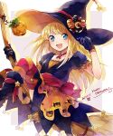  1girl blonde_hair blue_eyes boots bow broom broom_riding dress gloves hana_(mew) happy_halloween hat highres long_hair open_mouth puffy_short_sleeves puffy_sleeves pumpkin puyopuyo short_sleeves simple_background smile solo star_(symbol) striped striped_thighhighs thighhighs witch_(puyopuyo) witch_hat 