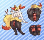  5_fingers absurd_res animal_genitalia animal_penis anthro anus any-ram black_body black_legs blue_background braixen butt butt_shot canine_genitalia canine_penis chest_tuft digitigrade dipstick_tail fingers front_view generation_6_pokemon genitals gynomorph hi_res inner_ear_fluff intersex knot markings nintendo paw_shot pawpads penis pink_pawpads pokemon pokemon_(species) red_penis red_tail signature simple_background solo spread_anus spread_butt spreading stick tail tail_markings tuft unnamed_character_(ballad) white_arms white_background white_body yellow_tail 