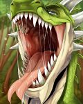  absurd_res anthro blue_eyes blurred_background bodily_fluids drooling forked_tongue front_view glistening glistening_eyes green_body green_scales grey_horn hi_res horn imperatorcaesar looking_at_viewer male mouth_shot narrowed_eyes open_mouth outside plant pupils red_tongue saliva saliva_on_tongue saliva_string scales sharp_teeth slit_pupils solo teeth tongue tongue_out tree 