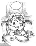  2023 ankh anthro bench black_and_white canid canine canis clothed clothing coffee_cup container cup fur furniture hair hat headgear headwear inside jewelry male mammal monochrome necklace notebook o-kemono o-kemono_(character) pencil_(object) solo table text url wolf 