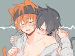  2boys amai_kuro animal_ears biting black_hair blush cat_boy cat_ears cat_tail closed_eyes collared_shirt glasses grey_background idolmaster idolmaster_side-m iseya_shiki male_focus multiple_boys neck_biting orange_hair shirt shirt_partially_removed short_hair sketch tail wakazato_haruna white_shirt yaoi 