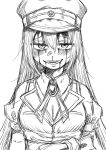  1girl alina_gray blush brooch cross_tie greyscale grin hair_between_eyes hat highres jewelry long_hair looking_at_viewer magia_record:_mahou_shoujo_madoka_magica_gaiden magical_girl mahou_shoujo_madoka_magica monochrome open_mouth peaked_cap puffy_short_sleeves puffy_sleeves short_sleeves sidelocks simple_background sketch smile solo upper_body v-neck vest white_background youichi82880400 