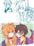  2boys amai_kuro animal_collar animal_ears aqua_eyes black_hair blue_background cat_boy cat_ears collar demon_boy demon_horns demon_wings glasses green_eyes horns idolmaster idolmaster_side-m iseya_shiki male_focus multicolored_background multiple_boys orange_hair short_hair sketch sweatband wakazato_haruna white_background wings yaoi 