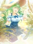  :d arkatopia bare_shoulders blue_bow blue_dress blurry blurry_foreground bow braid breasts dress green_eyes green_hair hand_puppet hat highres kochiya_sanae large_breasts long_hair puppet shirt single_braid smile straw_hat sunlight suspenders touhou white_shirt 
