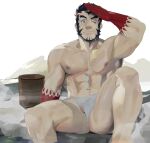  1boy abs absurdres bara beard black_hair bulge colored_skin erection erection_under_clothes facial_hair feet_out_of_frame hachimaki headband highres knee_up large_pectorals long_sideburns male_focus mature_male muscular muscular_male navel nejiri_hachimaki nipples one_eye_closed onsen onyu_(onyu_25) pectorals red_skin salute see-through short_hair sideburns smile solo spread_legs steam stomach tajikarao_(housamo) testicle_peek thick_eyebrows thighs tokyo_afterschool_summoners topless_male wet_fundoshi 
