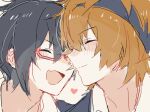  2boys amai_kuro black_hair blush closed_eyes closed_mouth glasses heart idolmaster idolmaster_side-m iseya_shiki male_focus multiple_boys open_mouth orange_hair short_hair sketch smile sweatband wakazato_haruna white_background yaoi 