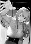  1girl blush breasts foreshortening greyscale head_tilt heart heart-shaped_pupils highres ice_reizou incoming_headpat indoors large_breasts long_hair looking_at_viewer mole mole_under_eye monochrome motion_blur original reed_diffuser ribbed_sweater smile solo steam straight_hair sweater symbol-shaped_pupils 