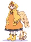  1girl absurdres animal animal_on_head bird bird_on_head bird_tail bird_wings blonde_hair blush_stickers boots chick commentary feathered_wings full_body highres hood hoodie kame_(kamepan44231) long_sleeves looking_away multicolored_hair niwatari_kutaka on_head one-hour_drawing_challenge parted_lips red_eyes red_hair shadow short_hair simple_background solo tail touhou two-tone_hair whistle whistle_around_neck white_background wings yellow_footwear yellow_hoodie yellow_wings 