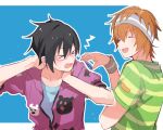  2boys amai_kuro black_hair blue_background blush closed_eyes facing_another glasses idolmaster idolmaster_side-m iseya_shiki male_focus multicolored_background multiple_boys open_mouth orange_hair short_hair short_sleeves smile sweatband wakazato_haruna white_background 