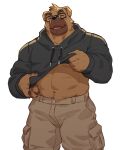  2023 4:5 abs anthro barazoku biped black_clothing black_hoodie black_topwear bottomwear brown_body brown_fur canid canine canis cargo_pants clothing dokachin domestic_dog eyes_closed eyewear fur glasses head_tuft hi_res hoodie hoodie_lift humanoid_hands male mammal muscular muscular_anthro muscular_male pants pawpads simple_background solo topwear tuft zoyu26152516 