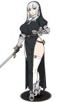  1girl armored_boots bangs black_dress boots cross dress gauntlets green_eyes highres holding holding_sword holding_weapon houtengeki knight long_hair looking_at_viewer original sheath simple_background solo standing sword thighhighs weapon white_background white_hair white_thighhighs 