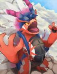  absurdres colored_sclera commentary_request day highres jira_(ziraiya26) koraidon looking_up no_humans open_mouth orange_eyes outdoors pokemon pokemon_(creature) solo standing tongue yellow_sclera 