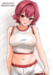  1girl breasts commentary_request crop_top dated kamiya_tadato kantai_collection kinu_(kancolle) medium_breasts midriff navel orange_eyes red_hair shirt short_hair shorts simple_background sleeveless sleeveless_shirt solo sweat twitter_username white_background white_shirt white_shorts 