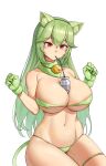  1girl ajidot animal_ear_fluff animal_ears bandeau banshee_(last_origin) bikini breasts cat_ears commentary_request gloves green_bikini green_gloves green_hair groin hair_between_eyes hands_up highres large_breasts last_origin long_hair looking_at_viewer navel official_alternate_costume orange_eyes solo stomach strapless strapless_bikini swimsuit thigh_strap thighs very_long_hair 