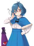  1girl bespectacled blue_capelet blue_eyes blue_hair blue_skirt buttons capelet commentary_request doyagao dress_shirt glasses hair_between_eyes hand_on_hip hand_up head_tilt heterochromia high-waist_skirt highres kitano_(kitanosnowwhite) long_sleeves looking_at_viewer red-framed_eyewear red_eyes shirt short_hair simple_background skirt skirt_set smile smug solo tatara_kogasa touhou umbrella white_background white_shirt wrist_cuffs 