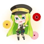  1girl alina_gray black_bow black_headwear black_vest blonde_hair blush bow chain chibi fishnet_thighhighs fishnets flower fold-over_boots full_body fur-trimmed_thighhighs fur_cuffs fur_trim green_eyes green_hair hair_between_eyes hat long_hair looking_at_viewer mado_kara_konnichiwa magia_record:_mahou_shoujo_madoka_magica_gaiden magical_girl mahou_shoujo_madoka_magica multicolored_clothes multicolored_hair multicolored_skirt open_mouth peaked_cap pink_flower pleated_skirt puffy_short_sleeves puffy_sleeves red_flower see-through see-through_sleeves short_sleeves sidelocks simple_background skirt smile solo standing straight_hair streaked_hair striped striped_skirt thighhighs v-neck vertical-striped_skirt vertical_stripes vest waist_bow white_sleeves yellow_flower 