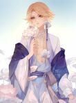  1boy absurdres bangs bishounen blonde_hair earrings flower flower_earrings green_eyes highres holding holding_flower japanese_clothes jewelry lotus lotus_earrings male_focus onmyoji parted_bangs short_hair taishakuten_(onmyoji) tassel tassel_earrings 