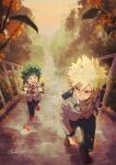  2boys :d atmospheric_perspective backpack bag bakugou_katsuki bangs belt_buckle black_pants blazer blonde_hair blurry blurry_foreground blush boku_no_hero_academia bright_pupils buckle circle_name collared_shirt commentary_request cross-laced_footwear dated_commentary dot_nose double_horizontal_stripe dress_shirt embarrassed falling_petals film_grain foliage freckles from_above green_eyes green_hair grimace hair_between_eyes hand_in_pocket hands_up happy highres holding_strap jacket long_sleeves looking_at_another looking_back looking_up male_focus midoriya_izuku multiple_boys necktie on_stairs open_collar open_mouth orange_sky outdoors pants partial_commentary petals railing red_eyes red_footwear red_necktie school_uniform shirt shoes short_hair shoulder_bag sky smile sneakers spiked_hair stairs tannoci tree twitter_username u.a._school_uniform vanishing_point walking white_pupils white_shirt wing_collar yellow_bag 