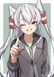  1girl absurdres amatsukaze_(kancolle) brown_eyes collarbone commentary_request drawstring grey_jacket grin hair_tubes highres hood hooded_sweater jacket kantai_collection long_hair one-hour_drawing_challenge one_eye_closed smile solo sweater two_side_up umibudou upper_body white_hair white_sweater 