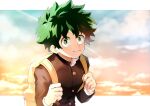  1boy aged_down backpack bag bangs blue_sky blush boku_no_hero_academia bright_pupils buttons closed_mouth cloud cloudy_sky collared_shirt commentary_request film_grain freckles gakuran gradient_hair gradient_sky green_eyes green_hair hands_up happy high_collar highres holding_strap keta_(peeepeenope) letterboxed long_sleeves looking_at_viewer looking_to_the_side looking_up male_focus midoriya_izuku multicolored_hair orange_sky outside_border partial_commentary school_uniform shirt short_hair sideways_glance sky sky_background smile upper_body white_pupils white_shirt yellow_bag 