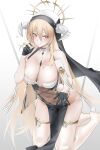  1girl absurdres azur_lane bangs black_gloves blonde_hair blush breasts commentary_request covered_navel cross gloves gradient_background grey_background hair_between_eyes halo highres hood horns implacable_(azur_lane) jewelry kneeling large_breasts long_hair looking_at_viewer nun orange_eyes ring solo thighhighs translation_request white_background white_thighhighs zhemuxuanhua 