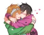  2boys amai_kuro black_hair blush closed_eyes glasses green_hoodie heart hood hood_down hoodie hug idolmaster idolmaster_side-m iseya_shiki male_focus multiple_boys open_mouth orange_hair purple_hoodie short_hair smile wakazato_haruna white_background yaoi 