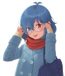  1girl adjusting_eyewear alternate_costume antenna_hair bag bag_charm bespectacled blue_coat blue_eyes blue_hair buttons charm_(object) coat commentary_request contemporary double-breasted glasses grey-framed_eyewear hair_between_eyes handbag hands_up heterochromia highres kitano_(kitanosnowwhite) long_sleeves looking_at_viewer red_eyes red_scarf round_eyewear scarf school_bag simple_background sleeves_past_wrists smile solo tatara_kogasa tongue tongue_out touhou upper_body white_background 