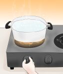  1girl blue_archive c/h commentary cooking cooking_pot english_commentary fire highres holding mika_(blue_archive) out_of_frame simple_background solo steam stove visible_air water 
