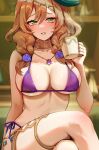  1girl bangs bare_shoulders beret bikini blush book breasts brown_hair cleavage coffee_mug crossed_legs cup flower foxyreine genshin_impact green_eyes green_headwear hair_flower hair_ornament hat jewelry large_breasts lisa_(a_sobriquet_under_shade)_(genshin_impact) lisa_(genshin_impact) looking_at_viewer medium_hair mug neck_ring necklace purple_bikini sitting smile solo swimsuit thighlet thighs vision_(genshin_impact) 