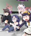  4girls ahoge aiming alternate_costume animal_ears apron arisaka bangs black_hair blue_archive blunt_bangs bolt_action c/h commentary demon_girl demon_horns dual_wielding english_commentary fighting_stance fox_ears fox_girl fuuka_(blue_archive) gun hair_between_eyes hair_ornament hairclip halo headpiece hina_(blue_archive) holding holding_gun holding_weapon horns kitchen_knife long_hair long_sleeves machine_gun mg42 midriff multiple_girls ponytail purple_eyes purple_hair red_eyes rifle sidelocks sig_sauer_mpx sitting submachine_gun surprised twintails two_side_up wakamo_(blue_archive) weapon white_hair yellow_eyes yuuka_(blue_archive) 