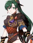  1girl armor breastplate breasts earrings fire_emblem fire_emblem:_the_blazing_blade fire_emblem_heroes fur_trim green_eyes green_hair high_ponytail highres jewelry large_breasts long_hair looking_at_viewer lyn_(fire_emblem) official_alternate_costume peach11_01 ponytail short_sleeves side_slit smile solo thighs very_long_hair 