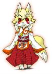  1girl animal_ear_fluff animal_ears animal_feet animal_nose arms_at_sides bangs bare_shoulders barefoot blonde_hair blush body_fur closed_mouth clothing_cutout commentary english_commentary facial_mark feet flat_chest fox_ears fox_girl fox_tail furry furry_female hakama hakama_skirt happy hip_vent japanese_clothes kame_(3t) kimono looking_at_viewer miko obi orange_outline orange_trim original red_eyes red_hakama sash short_hair shoulder_cutout simple_background sketch skirt sleeves_past_fingers sleeves_past_wrists smile solo tail thick_eyebrows two-tone_fur whisker_markings white_background white_fur white_kimono wide_sleeves yellow_fur yun-chan_(kame_(3t)) 