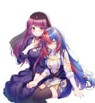  2girls absurdres alear_(female)_(divine_attire)_(fire_emblem) alear_(female)_(fire_emblem) alear_(fire_emblem) blue_hair blush braid breasts cleavage crossed_bangs crown_braid dress fire_emblem fire_emblem_engage flower highres holding_hands ivy_(fire_emblem) large_breasts long_hair mikasa-01 mole mole_under_mouth multicolored_hair multiple_girls official_alternate_costume purple_eyes purple_hair red_hair romper rose shorts sleeping sleeping_on_person sleeping_upright split-color_hair two-tone_hair very_long_hair yuri 