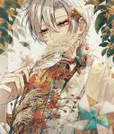  1boy absurdres autumn autumn_leaves bishounen ginkgo gold_osmanthus highres japanese_clothes kimono leaf makeup male_focus maple_leaf original plant short_hair solo white_background white_hair yellow_eyes yoichi_e 