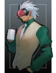  1boy ace_attorney arm_belt coffee_mug cropped_torso cup earrings facial_hair formal godot_(ace_attorney) grey_background highres holding holding_cup jewelry long_sleeves male_focus mug necktie phoenix_wright:_ace_attorney_-_trials_and_tribulations ren_you_(iiinununu) simple_background smile stubble vest white_hair white_necktie 