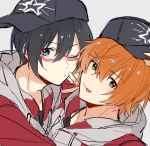  2boys amai_kuro aqua_eyes black_hair closed_mouth glasses green_eyes grey_background hood hood_down hoodie idolmaster idolmaster_side-m iseya_shiki looking_at_viewer male_focus multiple_boys open_mouth orange_hair red_hoodie short_hair sweatband wakazato_haruna 