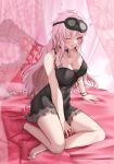  1girl bangs bed black_bracelet black_choker black_nightgown blush breasts choker cleavage collarbone dealesis english_commentary feet highres hololive hololive_english large_breasts legs long_hair looking_at_viewer messy_hair mori_calliope nightgown no_shoes one_eye_closed open_mouth pink_hair pink_theme red_eyes solo thighs toes virtual_youtuber 